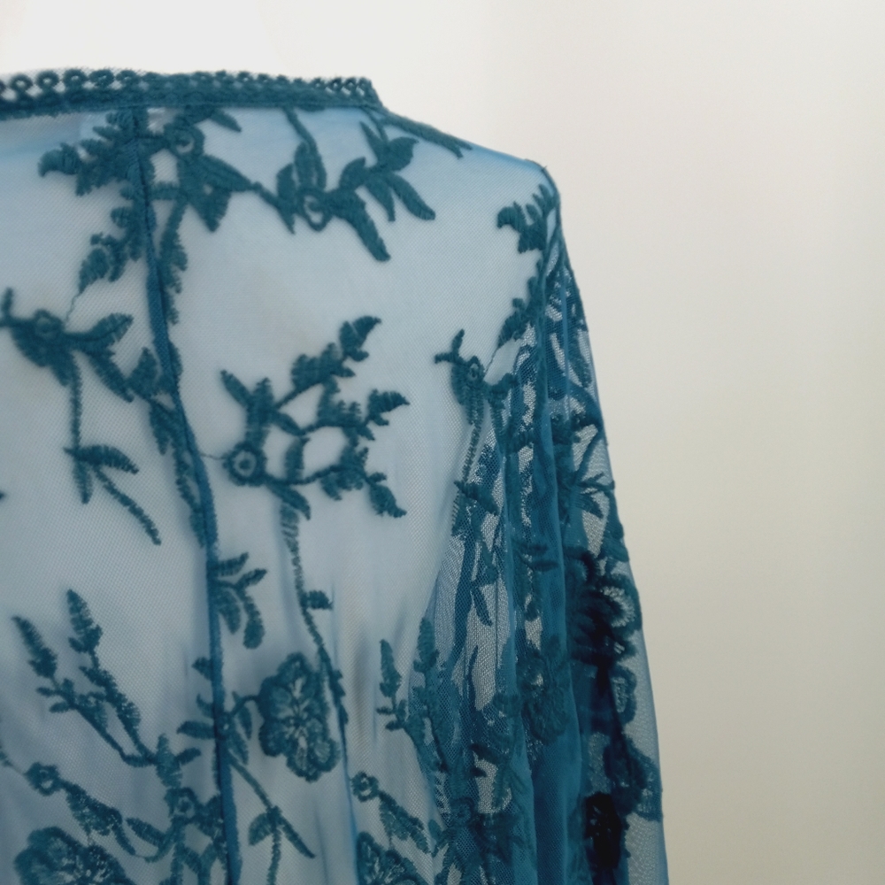 *SOLD* CRACKER BARREL Boho Chic Teal Floral Lace Mesh Kimono Duster Beach Cover - Picture 10 of 12